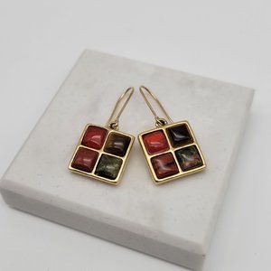 Roman Brand Square Earrings Natural Stone Mosaic Style Gold Tone
